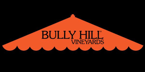 An orange scalloped canopy shape with the text "Bully Hill Vineyards" in black centered on it, against a black background.