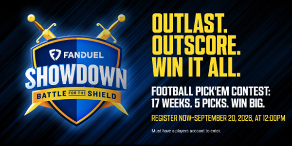 FanDuel Showdown “Battle for the Shield” contest promotion with registration deadline, highlighting a 17-week football pick’em event.
