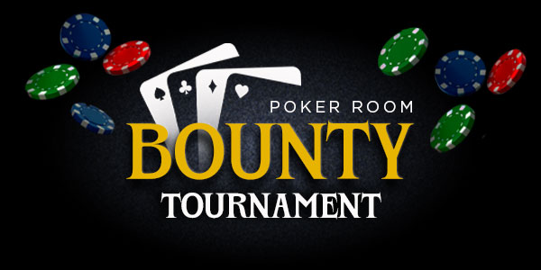 Poker-themed graphic with four playing cards and poker chips surrounding the words "Poker Room Bounty Tournament" in bold yellow and white text on a black background.