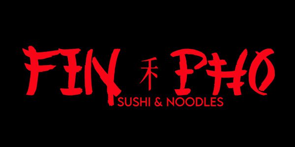A red and black logo for zen pan sushi & noodles.