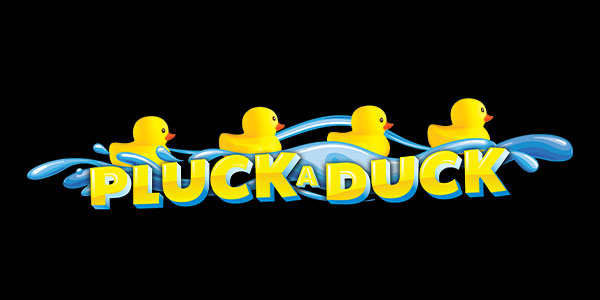 Yellow rubber ducks and blue water splash are above the words “PLUCK A DUCK” in bold yellow letters on a black background.
