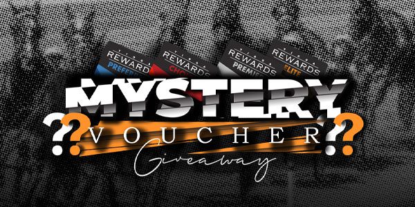 Text in bold reads "MYSTERY VOUCHER?" with "Giveaway" below, set against a black and white background with question marks and blurred patterns.
