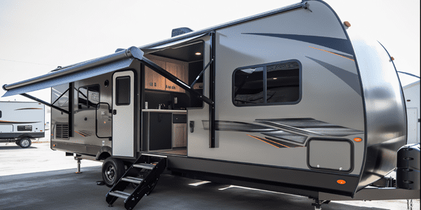 A large rv with an open door and the slide in the back.