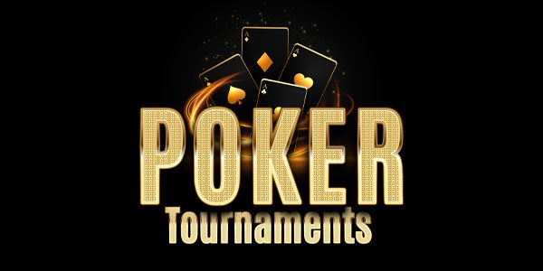 Gold text reads "POKER Tournaments" with four playing cards showing different suits above the text on a black background.