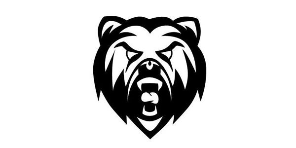 A black and white bear head with its mouth open.