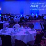 A banquet hall with tables and chairs set up for an event.