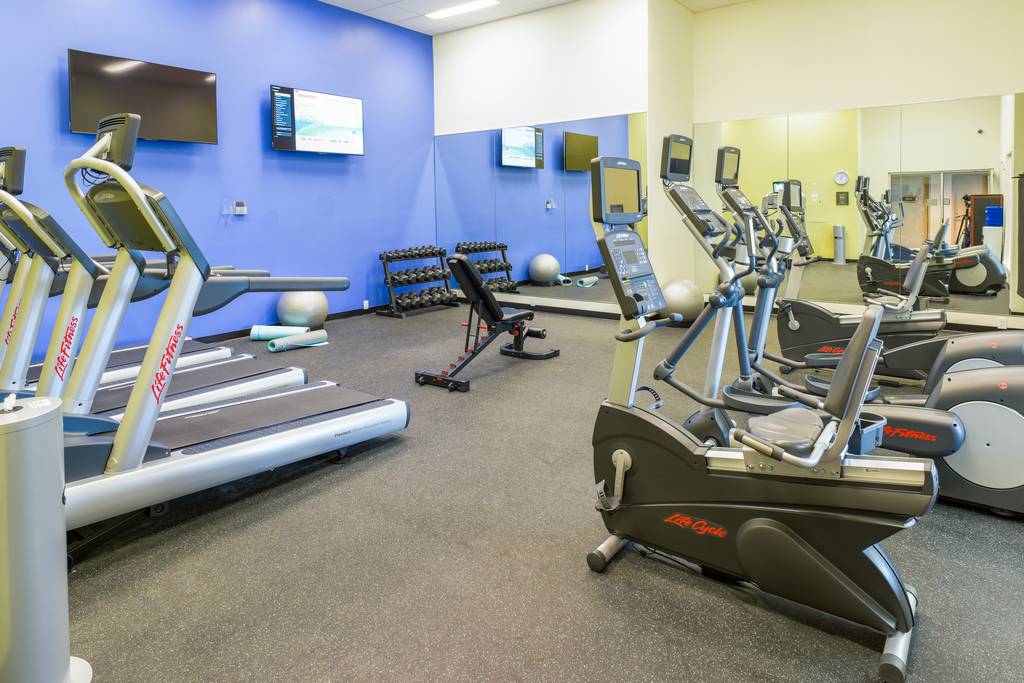 A gym with many different machines and a blue wall.