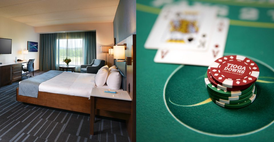 A hotel room and a table with cards